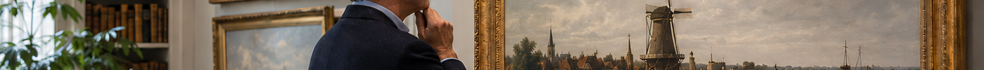 Collector examining an original nineteenth-century Dutch landscape painting in a refined European gallery filled with natural daylight.