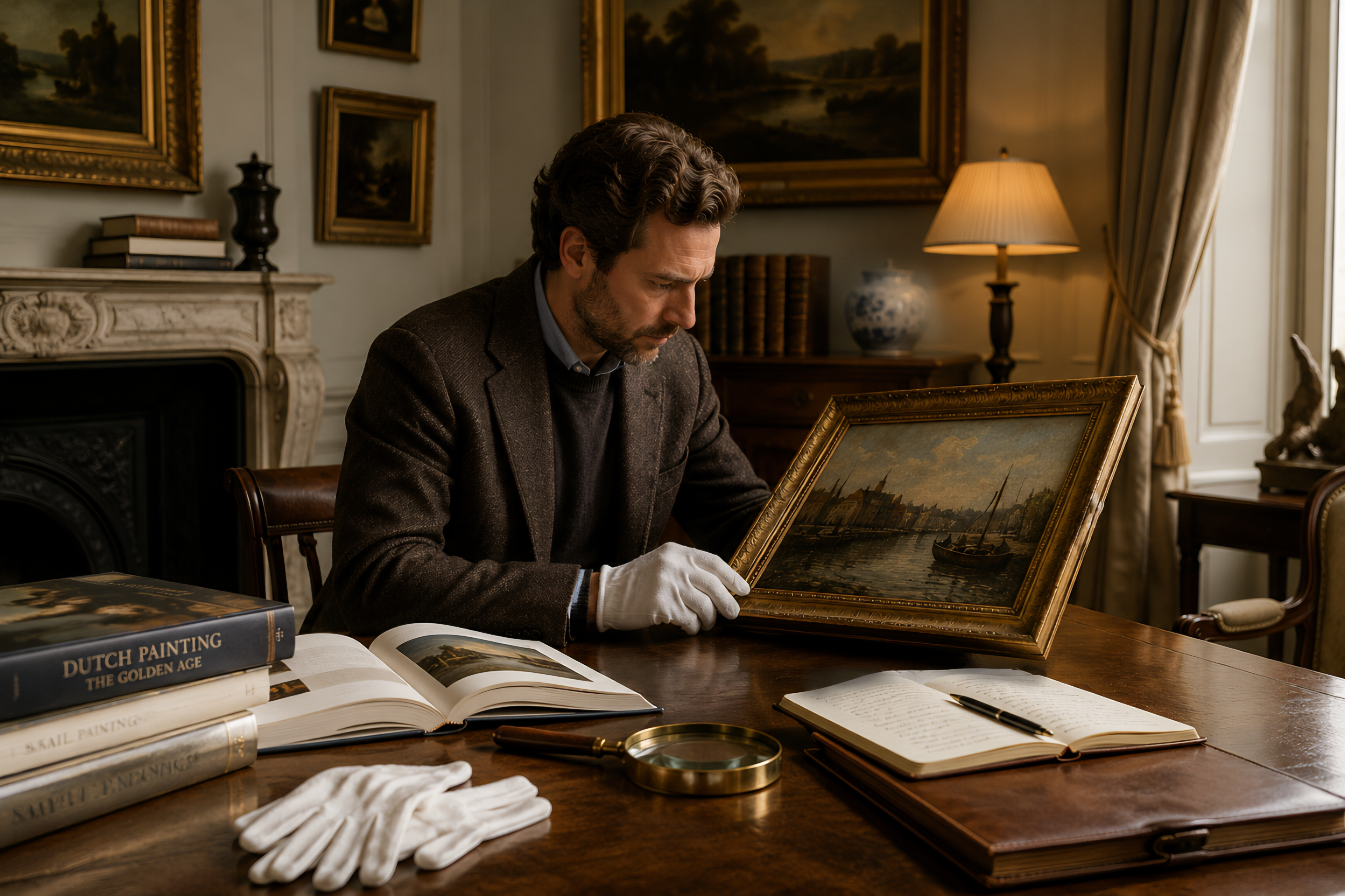 Collector carefully examining an original antique European oil painting in a refined interior, illustrating the confidence and expertise involved in buying original art online safely.