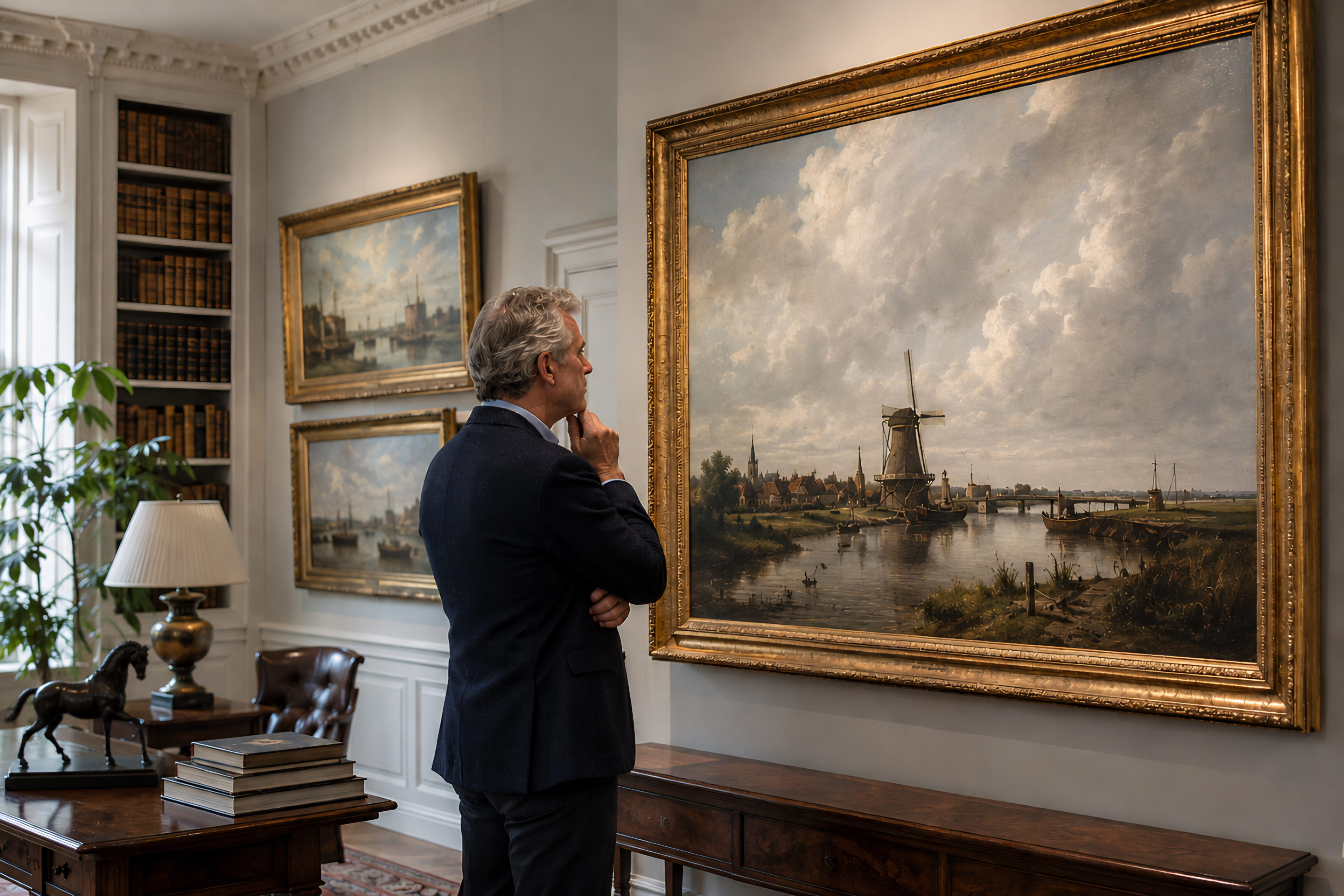 Collector examining an original nineteenth-century Dutch landscape painting in a refined European gallery filled with natural daylight.