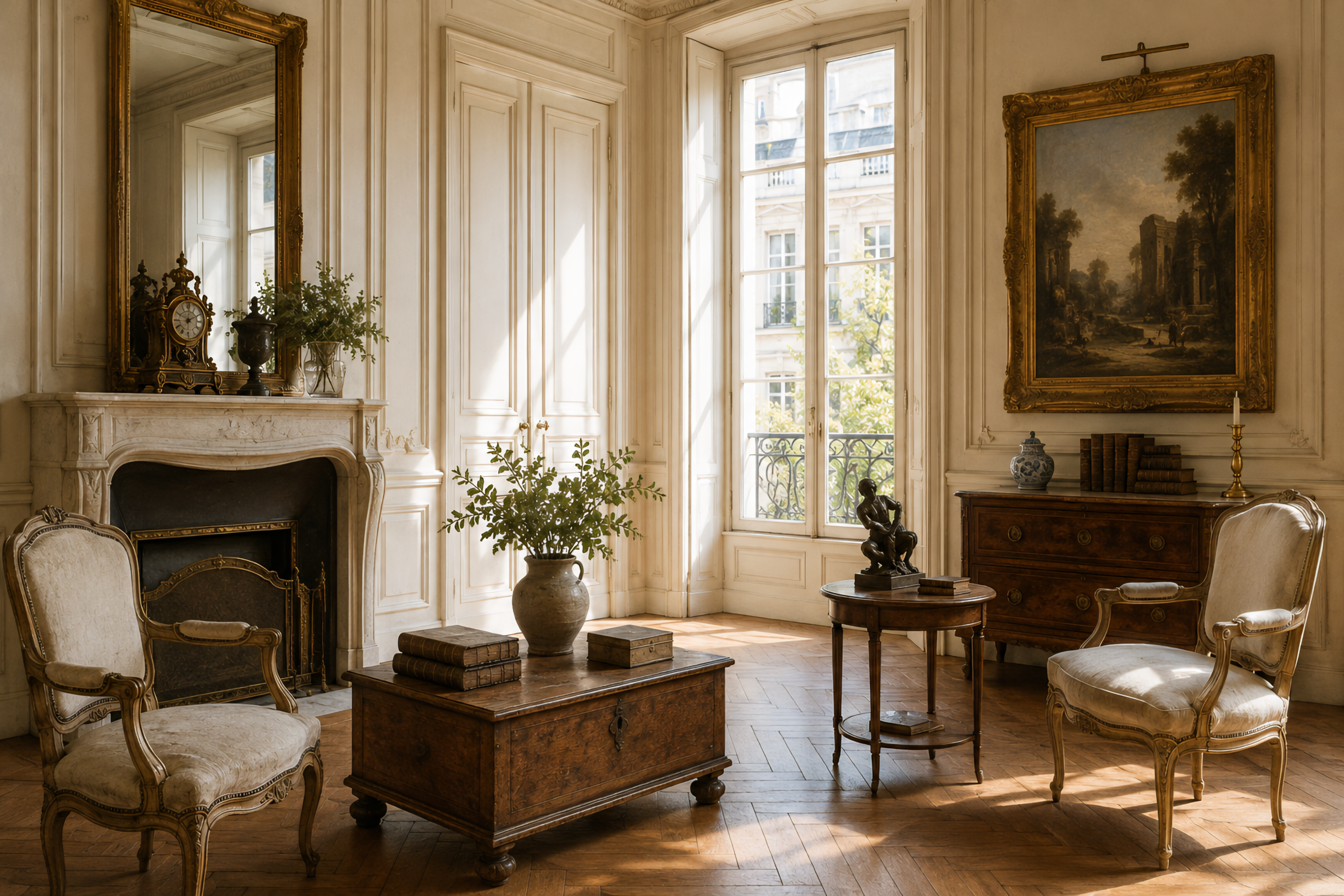 Original antique painting displayed alone in a refined French gallery-inspired interior with soft museum lighting and an ornate gilded frame
