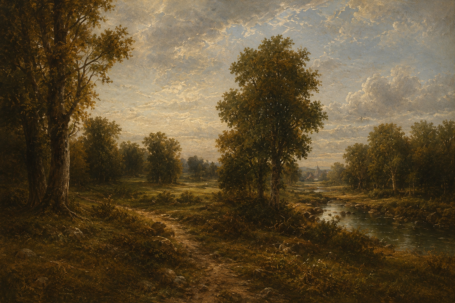 French countryside landscape inspired by the Barbizon School, showing natural light, open fields, and the quiet atmosphere of nineteenth-century rural France.