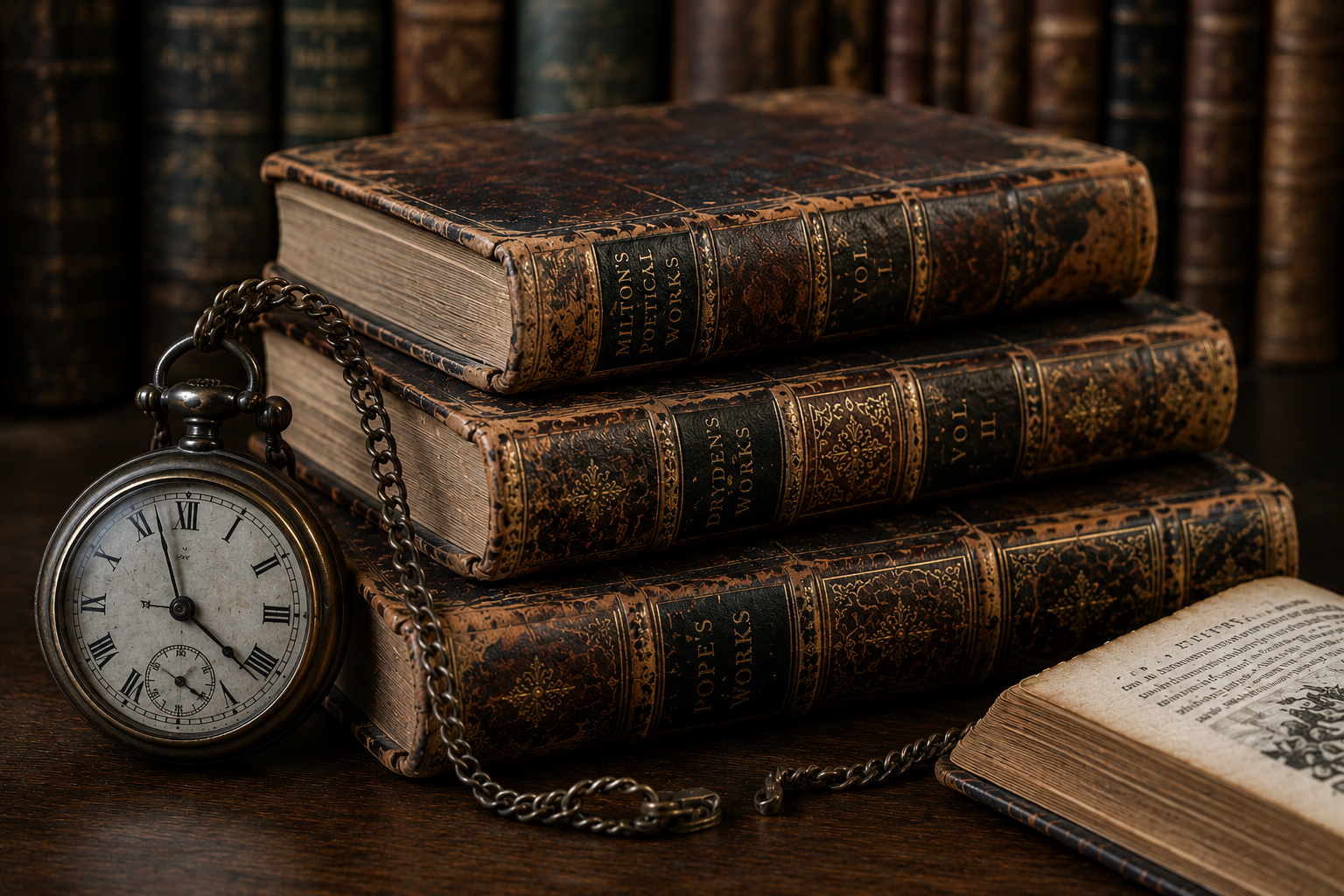 Antique leather-bound books displayed in a historic library setting, representing book collecting, provenance, craftsmanship, and literary heritage.
