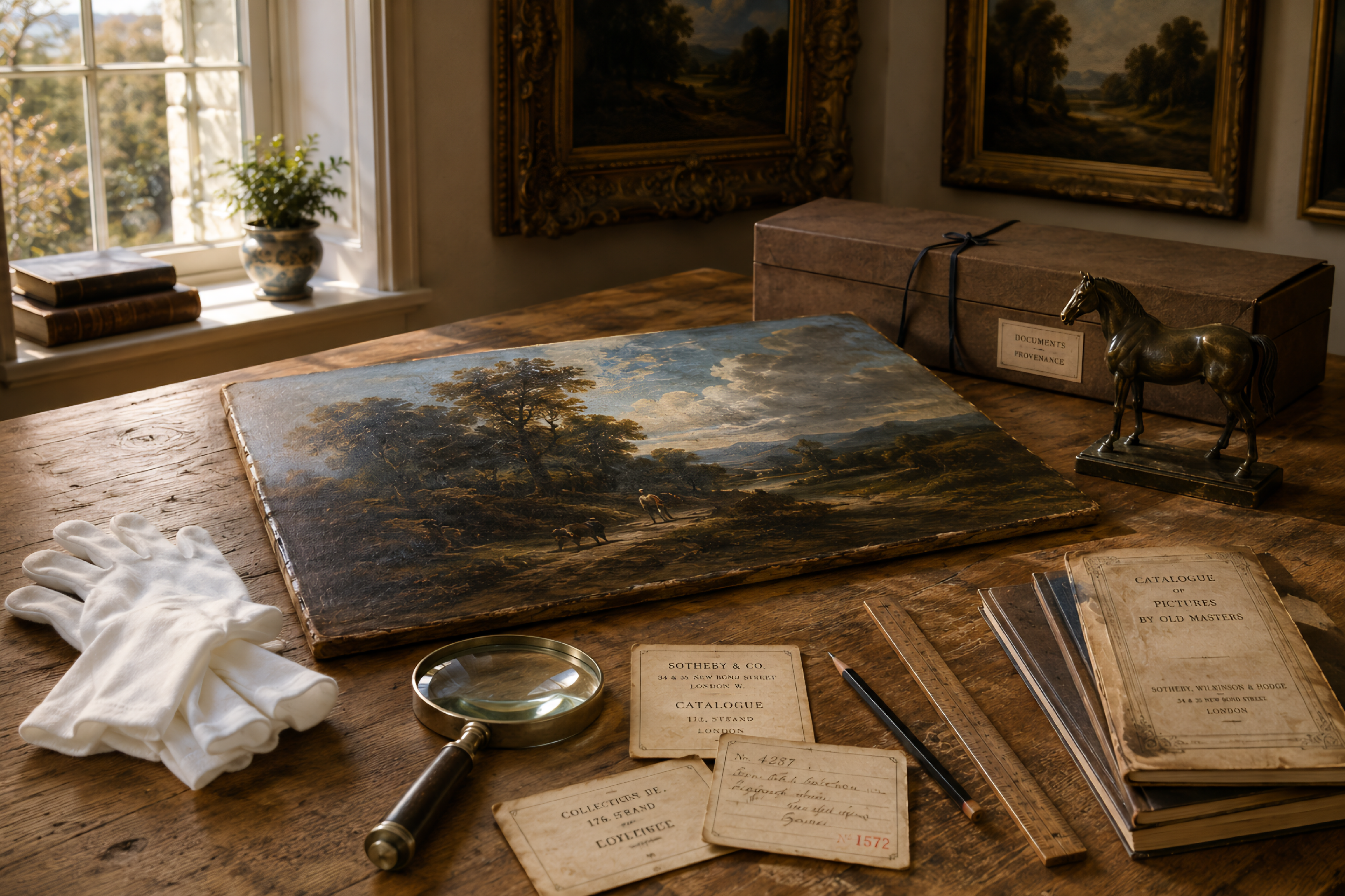 Professional curator's workspace with an original European oil painting, magnifying glass, auction catalogue, archival documents, and conservation tools illustrating the factors that determine a painting's value.