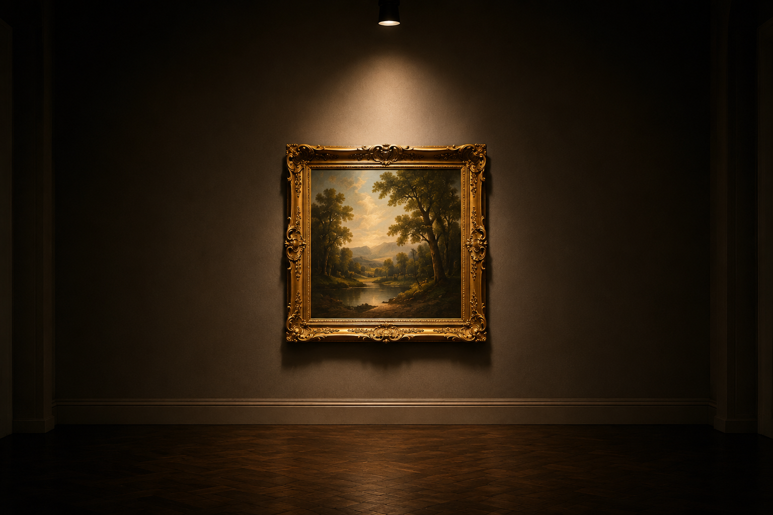 Original antique landscape painting displayed alone under museum lighting, symbolising the uniqueness and enduring presence of original art.