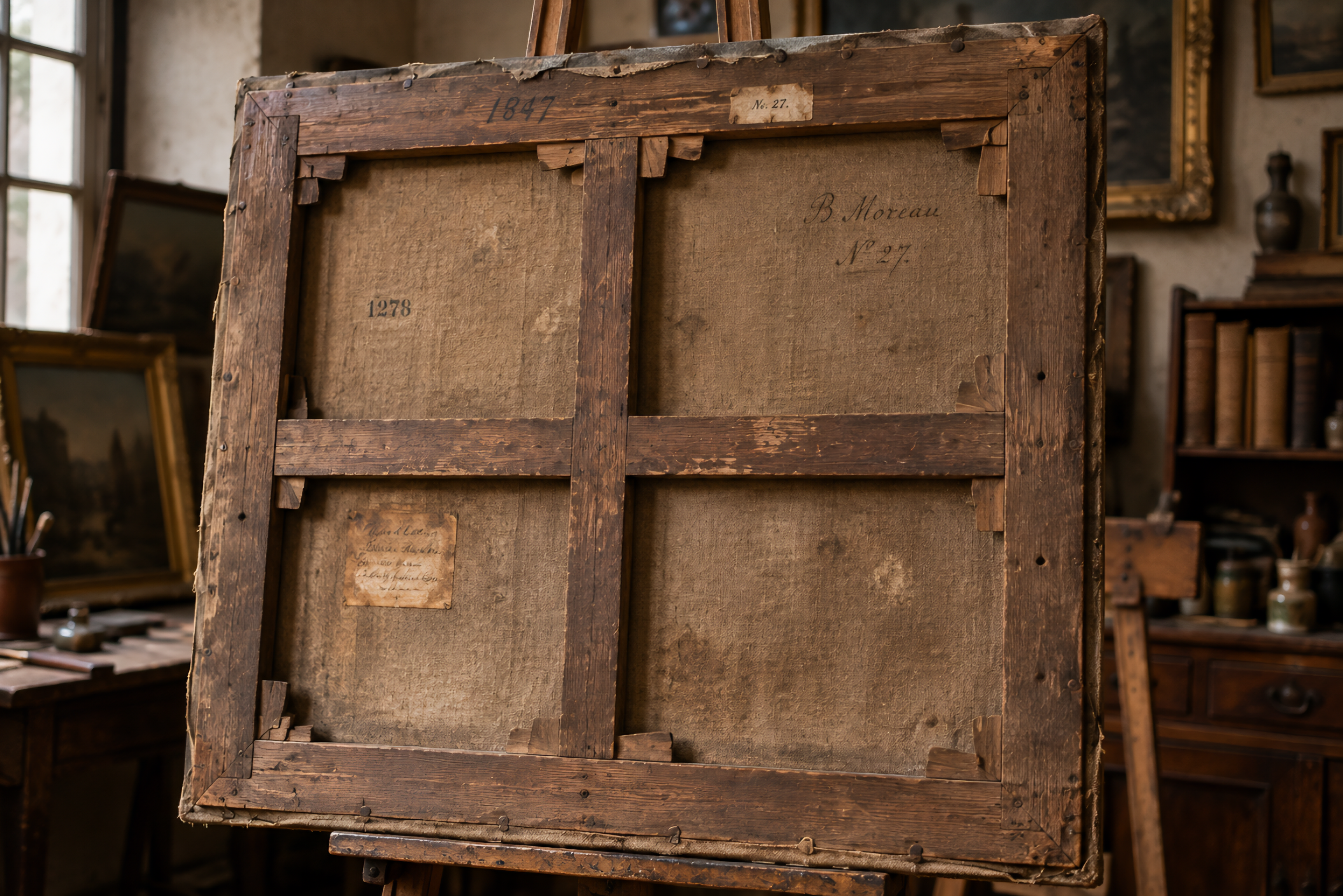 Reverse of an antique European canvas showing aged linen, a wooden stretcher, old fasteners, historic labels, and handwritten markings