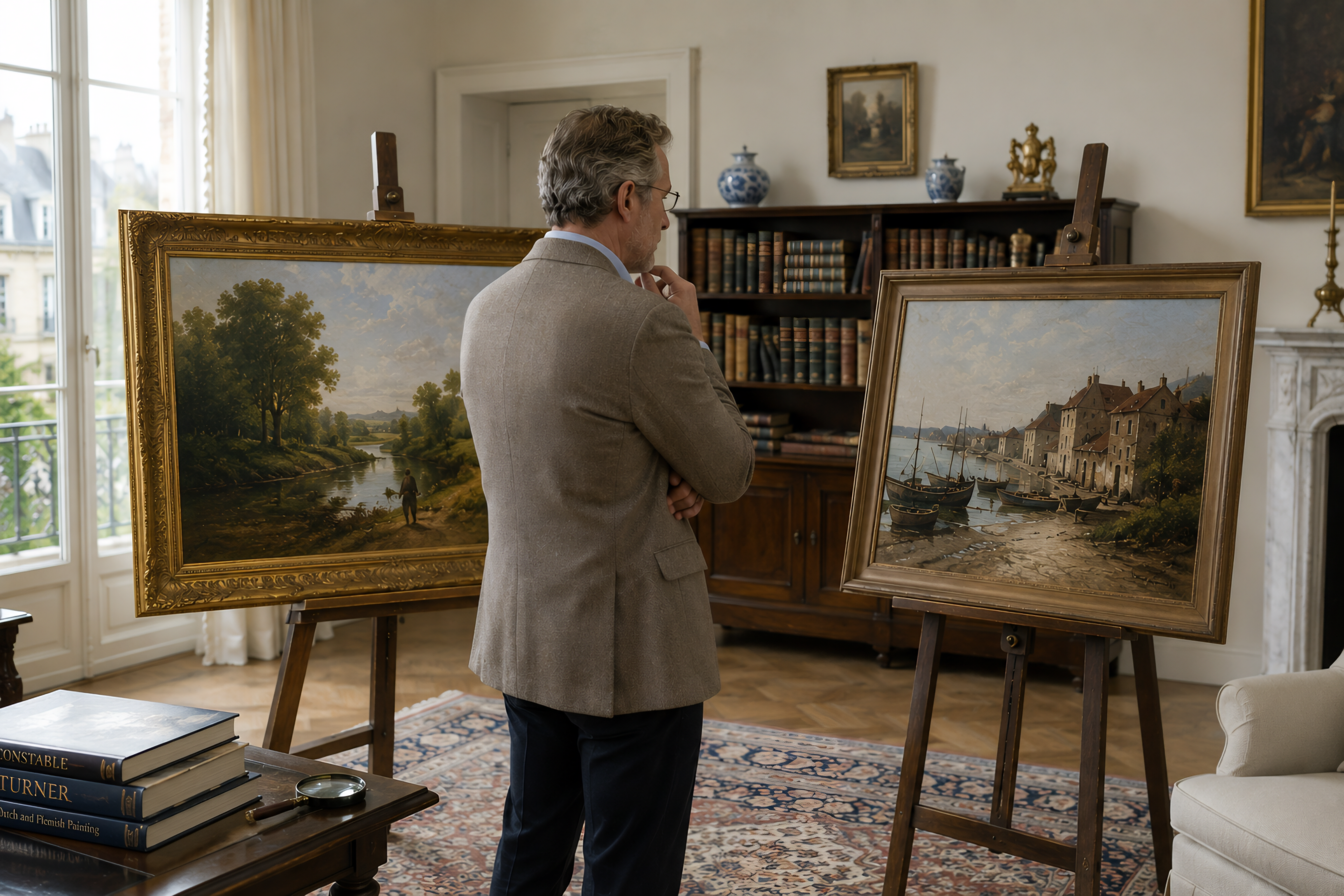 Collector comparing an original nineteenth-century European painting with a vintage mid-century painting in a bright gallery interior.