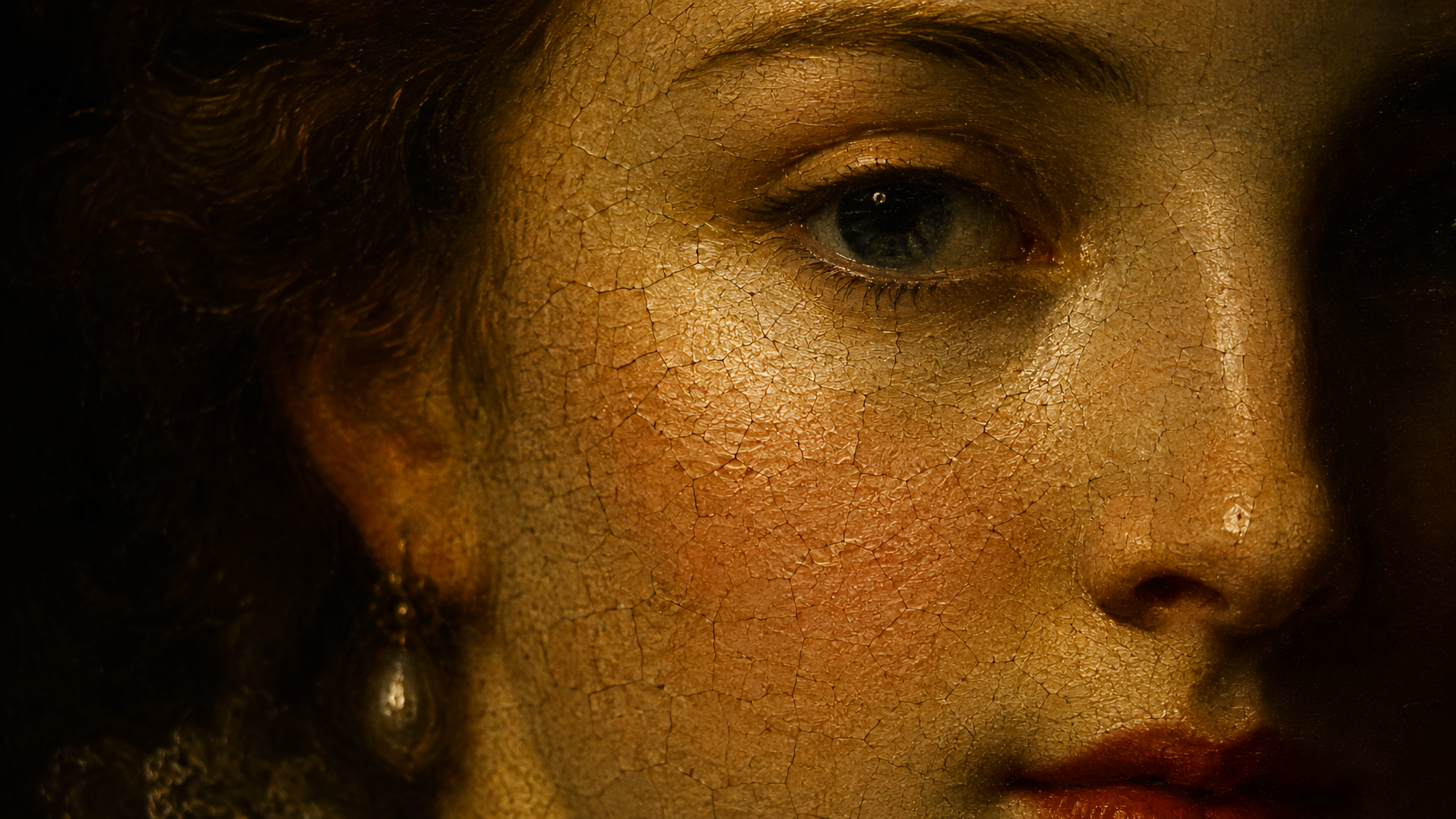 Close-up of an eighteenth-century portrait showing natural craquelure across the face of a young woman.