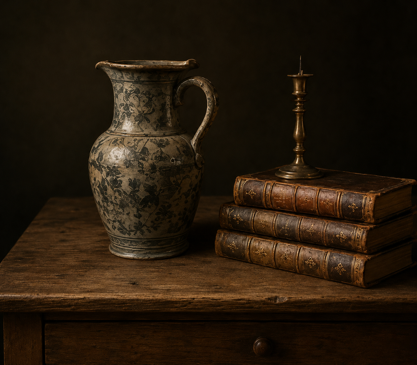 Elegant modern interior featuring a large nineteenth-century French ceramic vessel displayed on a wooden console with antique books and decorative objects, illustrating how antique pieces bring timeless character to contemporary homes.