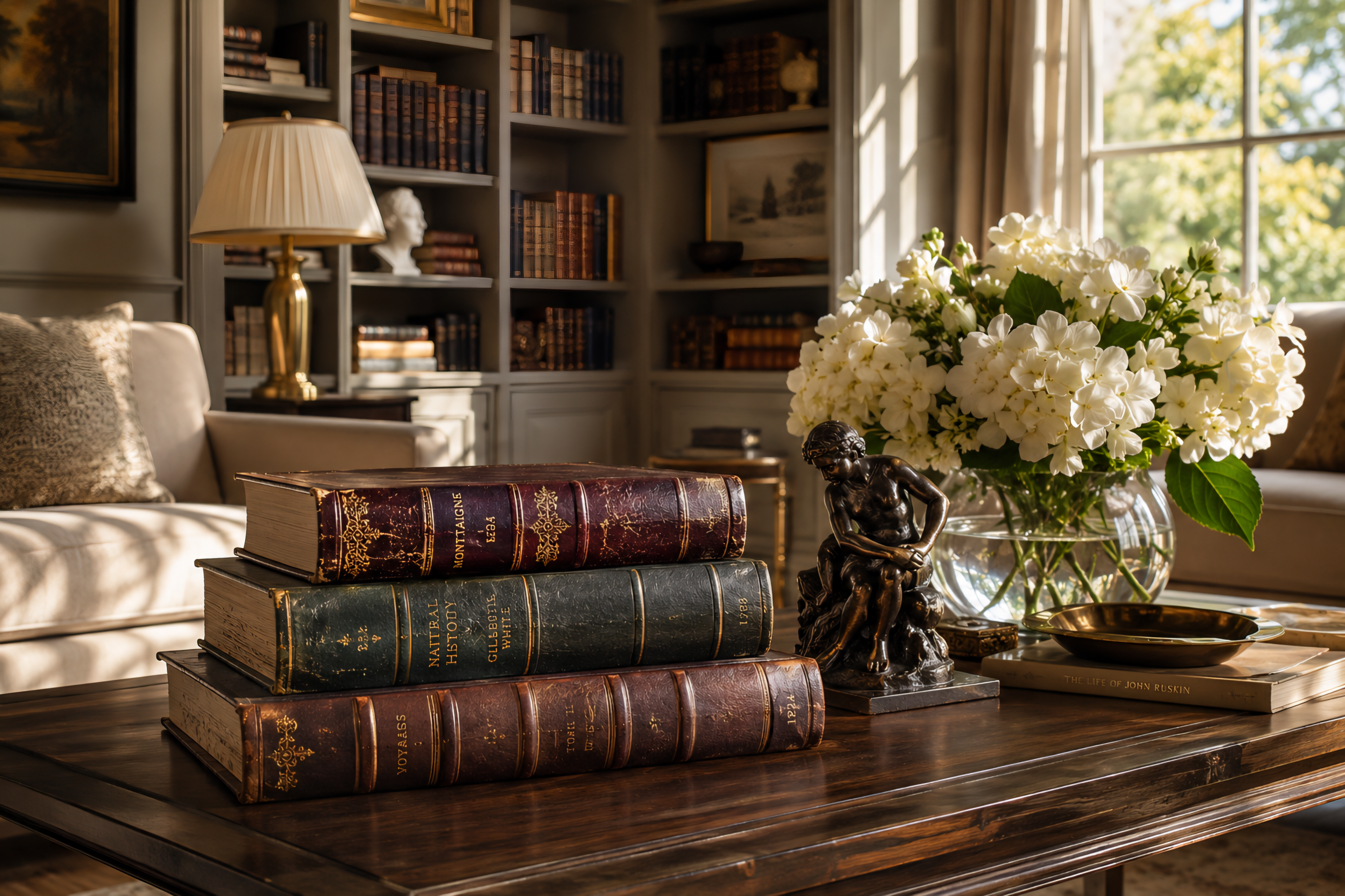 Antique books styled on a coffee table in an elegant contemporary interior.