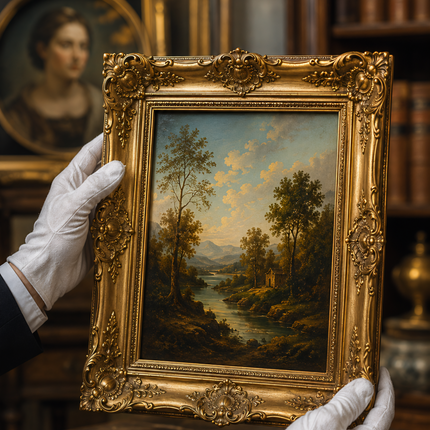 Curator holding a museum-quality antique European oil painting in an ornate gilded frame during professional artwork examination