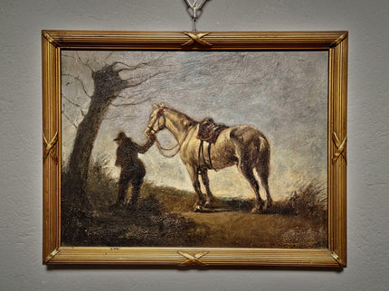 Antique French Oil Painting Horse Scene with Figure, Rural Animal Artwork, Rustic Wall Art, Equestrian Decor, Framed European Fine Piece