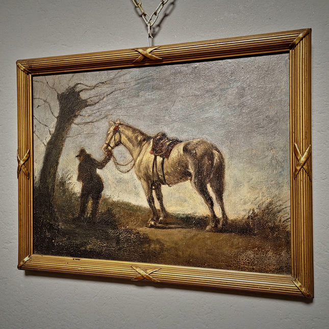 Antique French Oil Painting Horse Scene with Figure, Rural Animal Artwork, Rustic Wall Art, Equestrian Decor, Framed European Fine Piece