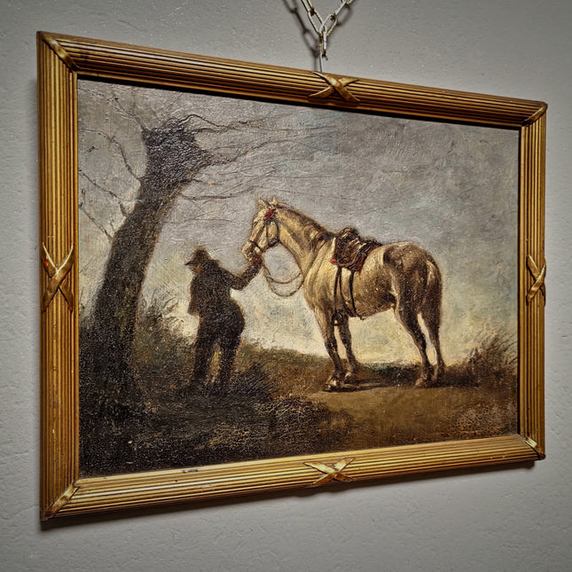 Antique French Oil Painting Horse Scene with Figure, Rural Animal Artwork, Rustic Wall Art, Equestrian Decor, Framed European Fine Piece