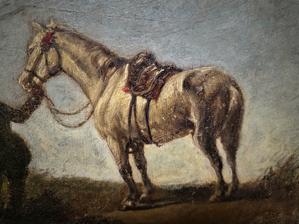 Antique French Oil Painting Horse Scene with Figure, Rural Animal Artwork, Rustic Wall Art, Equestrian Decor, Framed European Fine Piece