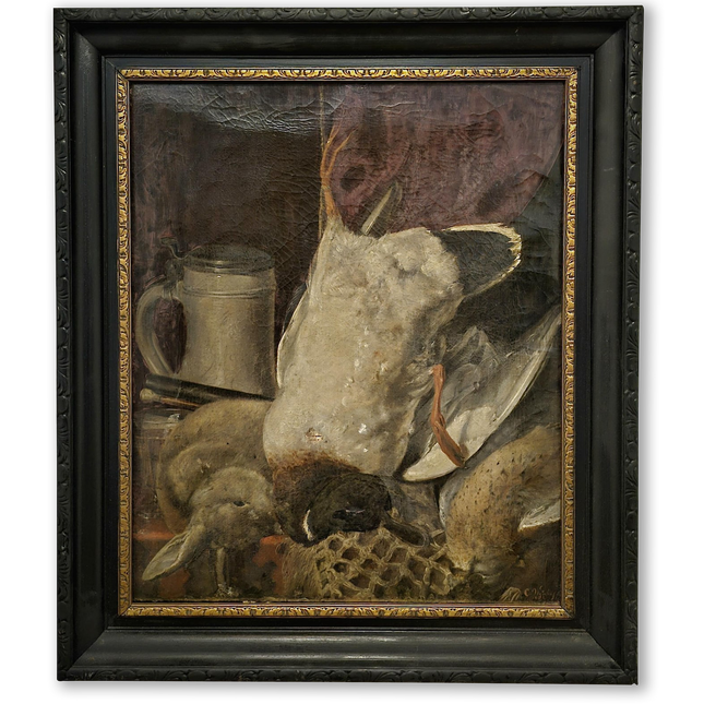 Antique Dutch Oil Painting, Dark Moody Hunting Still Life, Signed Framed Artwork