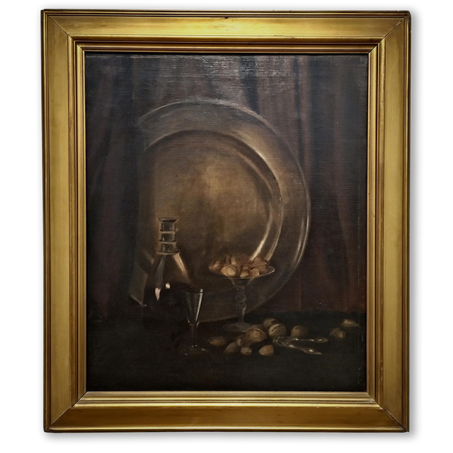Antique Dutch Dark Moody Still Life Oil Painting, 19th Century Vintage Signed Fine Art, Collectible Gold Framed Artwork, Classic Wall Decor