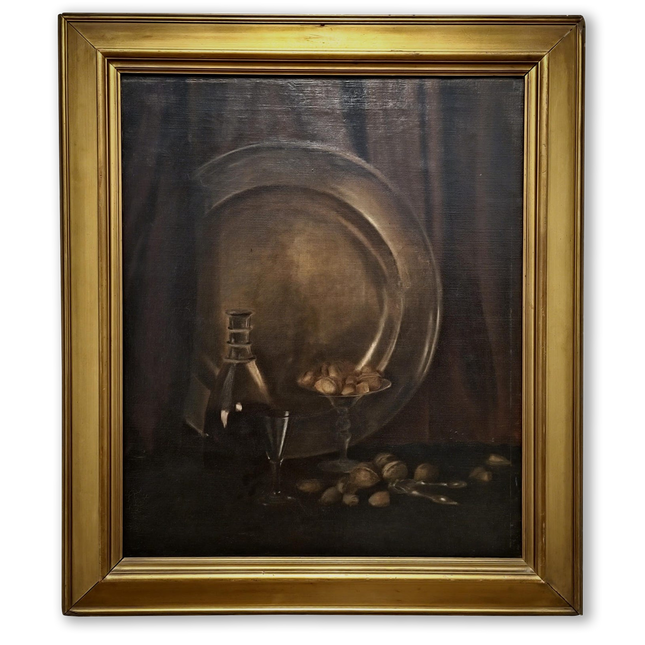 Antique Dutch Dark Moody Still Life Oil Painting, 19th Century Vintage Signed Fine Art, Collectible Gold Framed Artwork, Classic Wall Decor