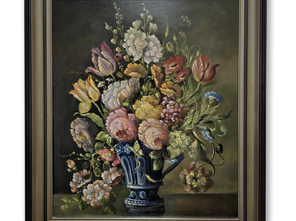 Antique Dutch Floral Still Life Oil Painting, Signed Flower Bouquet in Faience Vase, Gold Framed Wall Decor, Original European Fine Art