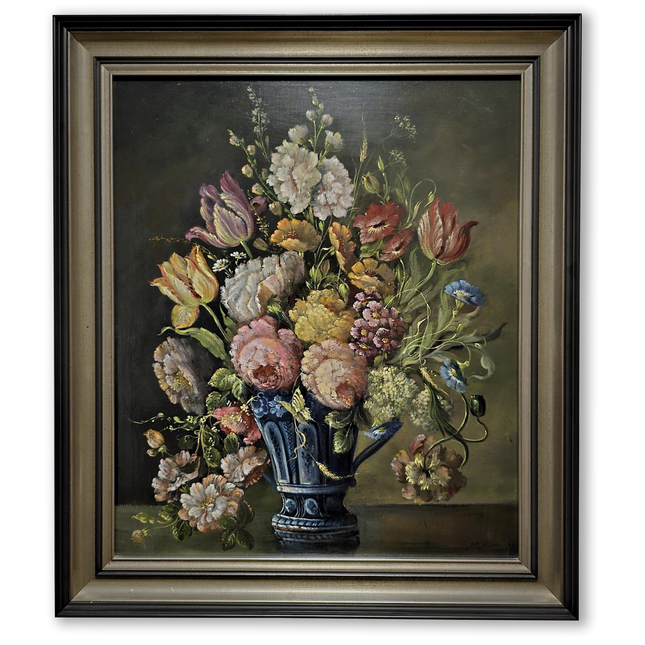 Antique Dutch Floral Still Life Oil Painting, Signed Flower Bouquet in Faience Vase, Gold Framed Wall Decor, Original European Fine Art