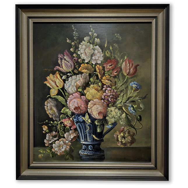 Antique Dutch Floral Still Life Oil Painting, Signed Flower Bouquet in Faience Vase, Gold Framed Wall Decor, Original European Fine Art
