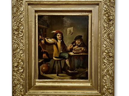 Dutch Antique Tavern Scene Framed Oil Painting, 19th Century European Dark Moody Classic People Portrait Baroque Art, Old Master Art
