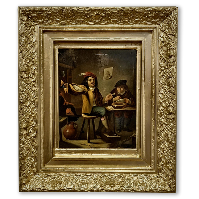 Dutch Antique Tavern Scene Framed Oil Painting, 19th Century European Dark Moody Classic People Portrait Baroque Art, Old Master Art