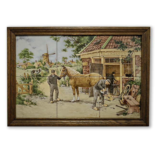 Vintage Dutch Tile Panel Blacksmith Scene, Framed Ceramic Art, European Pottery Decor