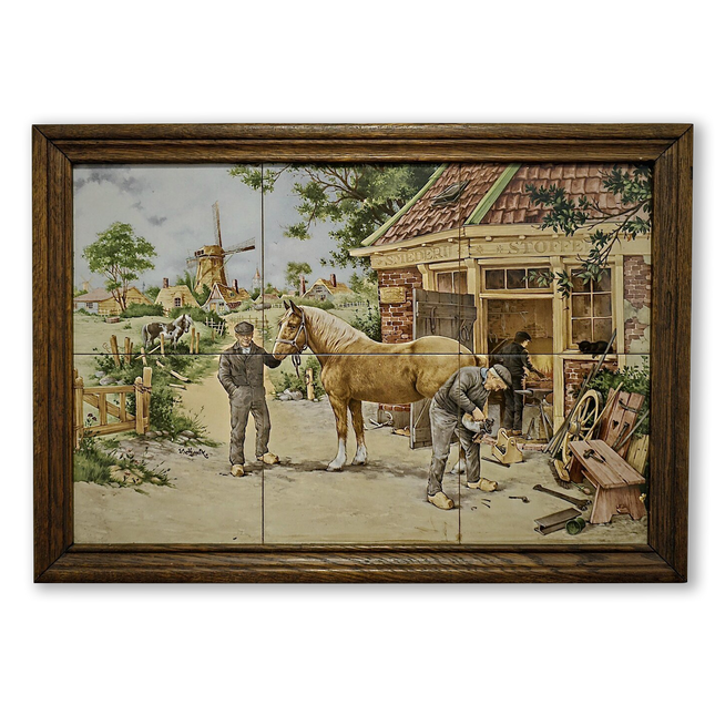 Vintage Dutch Tile Panel Blacksmith Scene, Framed Ceramic Art, European Pottery Decor