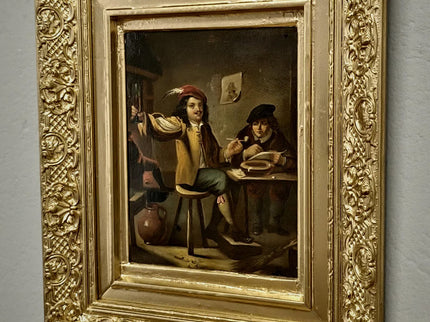 Dutch Antique Tavern Scene Framed Oil Painting, 19th Century European Dark Moody Classic People Portrait Baroque Art, Old Master Art