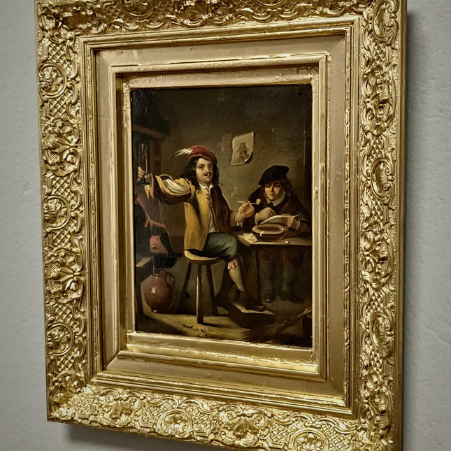Dutch Antique Tavern Scene Framed Oil Painting, 19th Century European Dark Moody Classic People Portrait Baroque Art, Old Master Art
