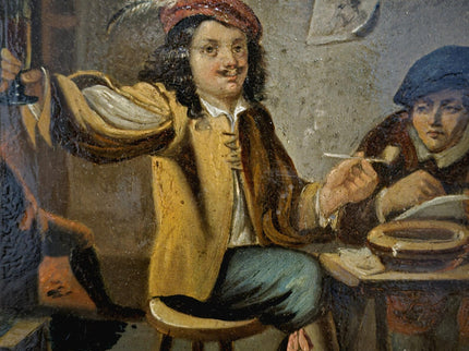 Dutch Antique Tavern Scene Framed Oil Painting, 19th Century European Dark Moody Classic People Portrait Baroque Art, Old Master Art