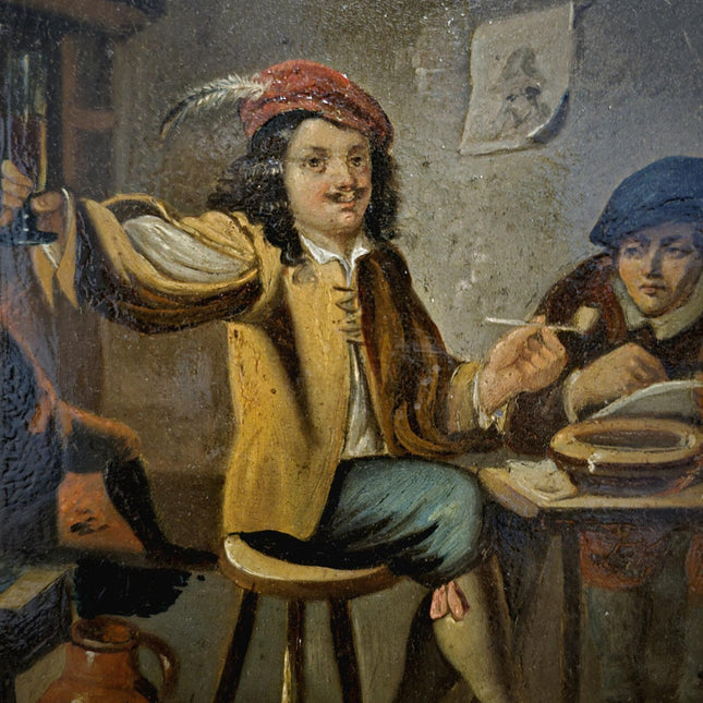 Dutch Antique Tavern Scene Framed Oil Painting, 19th Century European Dark Moody Classic People Portrait Baroque Art, Old Master Art