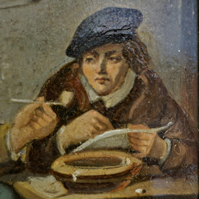 Dutch Antique Tavern Scene Framed Oil Painting, 19th Century European Dark Moody Classic People Portrait Baroque Art, Old Master Art