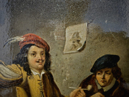 Dutch Antique Tavern Scene Framed Oil Painting, 19th Century European Dark Moody Classic People Portrait Baroque Art, Old Master Art