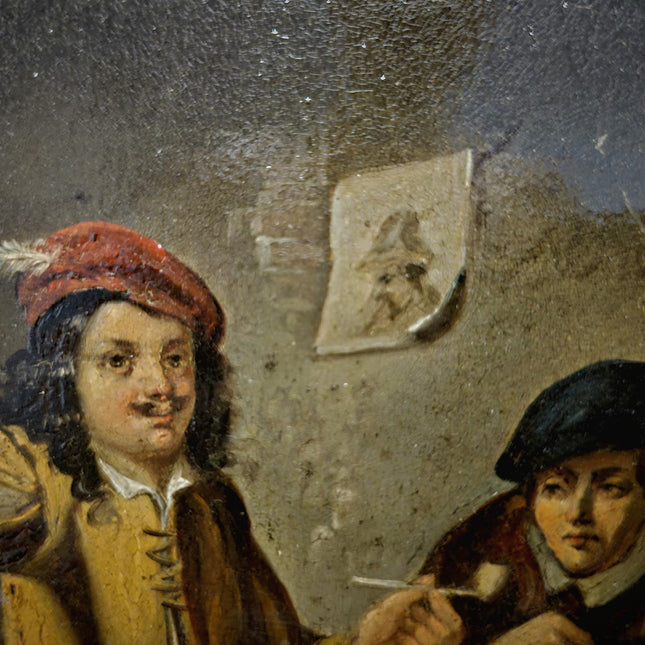 Dutch Antique Tavern Scene Framed Oil Painting, 19th Century European Dark Moody Classic People Portrait Baroque Art, Old Master Art