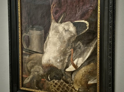 Antique Dutch Oil Painting, Dark Moody Hunting Still Life, Signed Framed Artwork