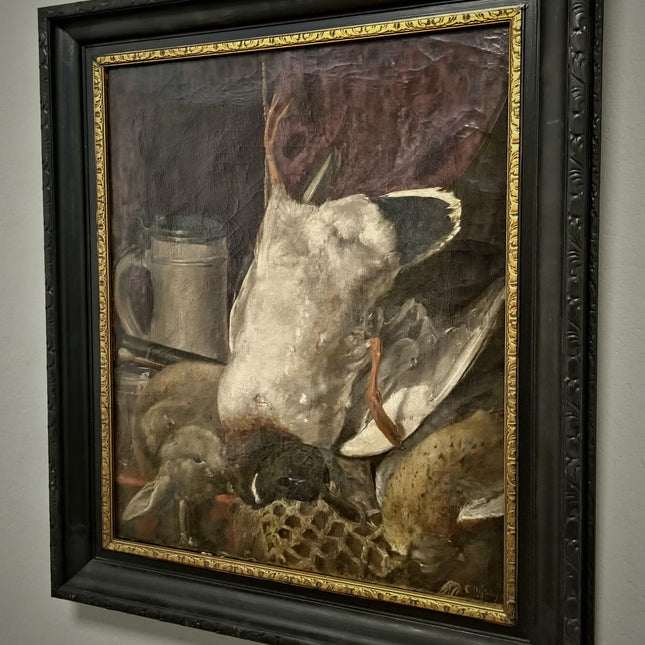 Antique Dutch Oil Painting, Dark Moody Hunting Still Life, Signed Framed Artwork