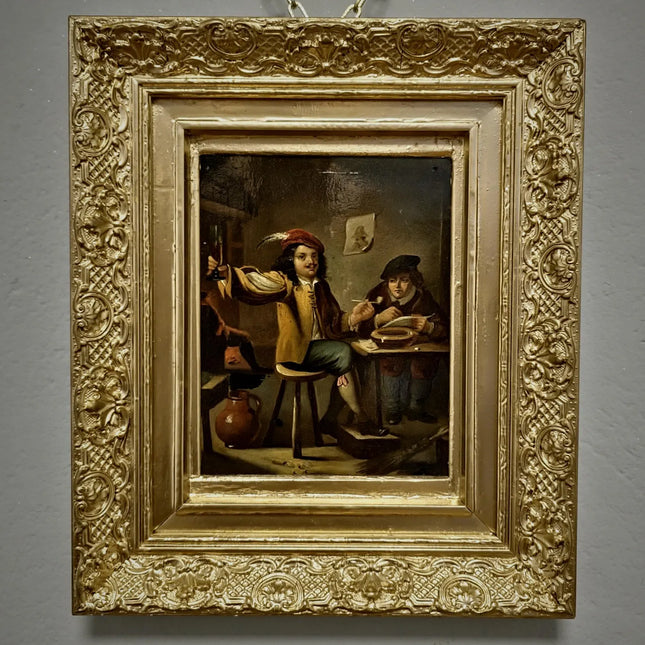 Dutch Antique Tavern Scene Framed Oil Painting, 19th Century European Dark Moody Classic People Portrait Baroque Art, Old Master Art