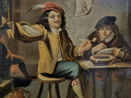 Dutch Antique Tavern Scene Framed Oil Painting, 19th Century European Dark Moody Classic People Portrait Baroque Art, Old Master Art