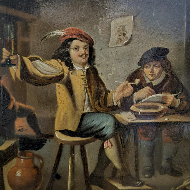 Dutch Antique Tavern Scene Framed Oil Painting, 19th Century European Dark Moody Classic People Portrait Baroque Art, Old Master Art