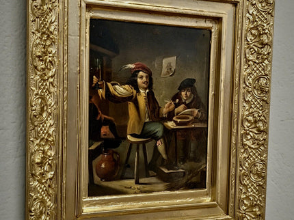 Dutch Antique Tavern Scene Framed Oil Painting, 19th Century European Dark Moody Classic People Portrait Baroque Art, Old Master Art