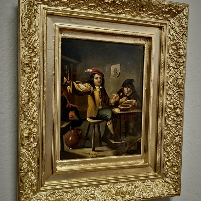 Dutch Antique Tavern Scene Framed Oil Painting, 19th Century European Dark Moody Classic People Portrait Baroque Art, Old Master Art