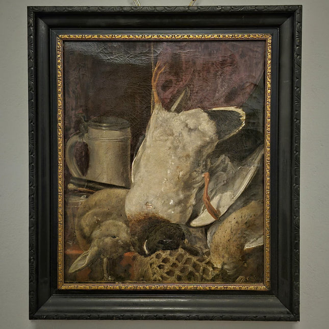 Antique Dutch Oil Painting, Dark Moody Hunting Still Life, Signed Framed Artwork