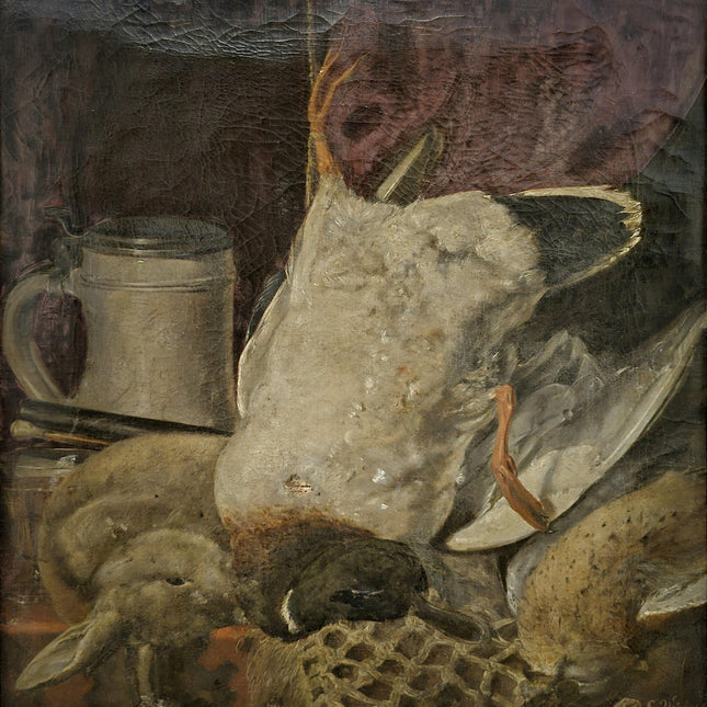 Antique Dutch Oil Painting, Dark Moody Hunting Still Life, Signed Framed Artwork