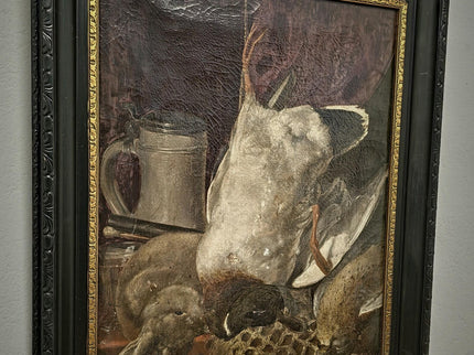 Antique Dutch Oil Painting, Dark Moody Hunting Still Life, Signed Framed Artwork