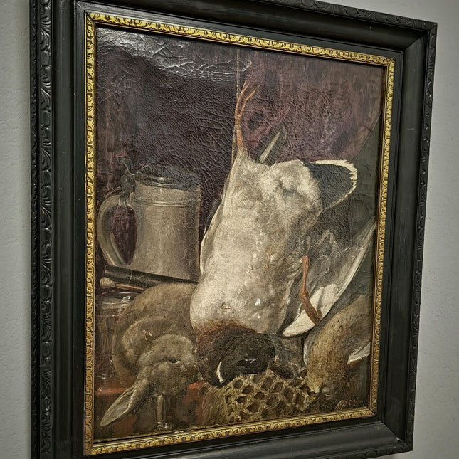Antique Dutch Oil Painting, Dark Moody Hunting Still Life, Signed Framed Artwork