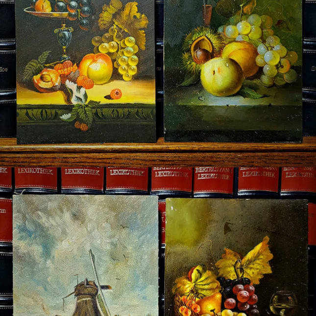 Small Vintage French Still Life and Landscape Oil Painting, Dutch Style Art, Farm & Fruit Scenes, Farmhouse Kitchen Decor, Bookshelf Artwork