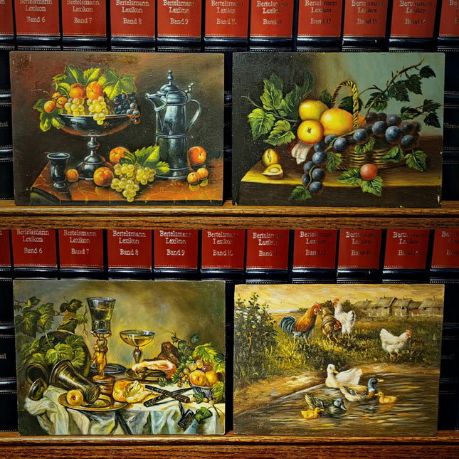 Small Vintage French Still Life and Landscape Oil Painting, Dutch Style Art, Farm & Fruit Scenes, Farmhouse Kitchen Decor, Bookshelf Artwork