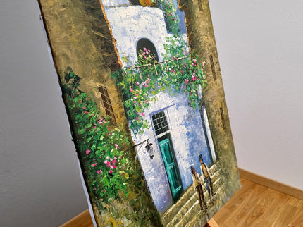 Vintage French Street Scene Oil Painting, Floral Courtyard Art