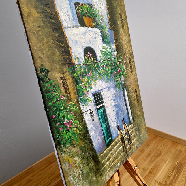 Vintage French Street Scene Oil Painting, Floral Courtyard Art
